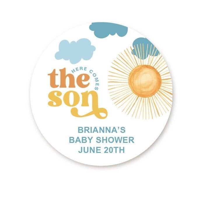 Here Comes the Son Baby Shower Stickers, Boy Favor Stickers, Thank You Stickers Baby Shower Favors, Sunshine Party, Round Stickers for Favor