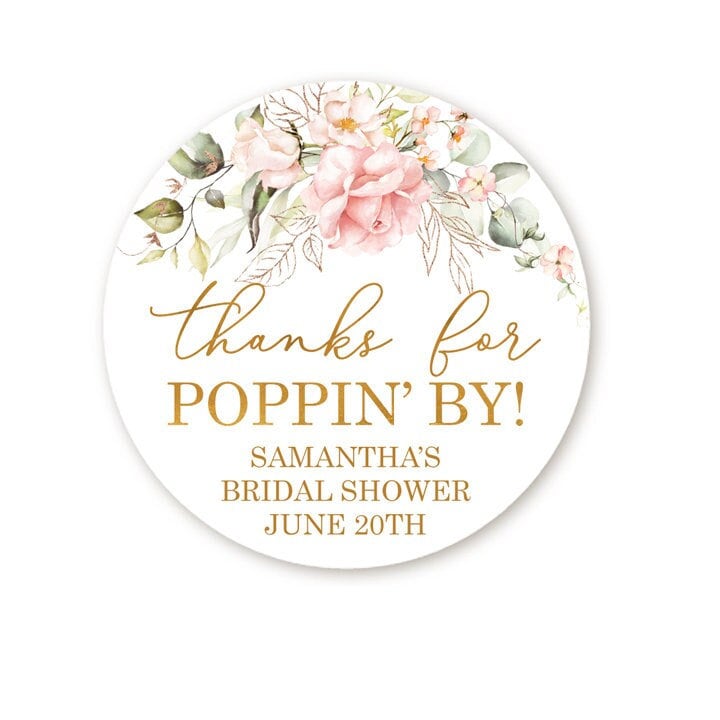 Thanks for Poppin' By Favor Stickers, Bridal Shower Popcorn Favor, Thank You Stickers, Personalized Baby Shower Favor, Pink Wedding Stickers