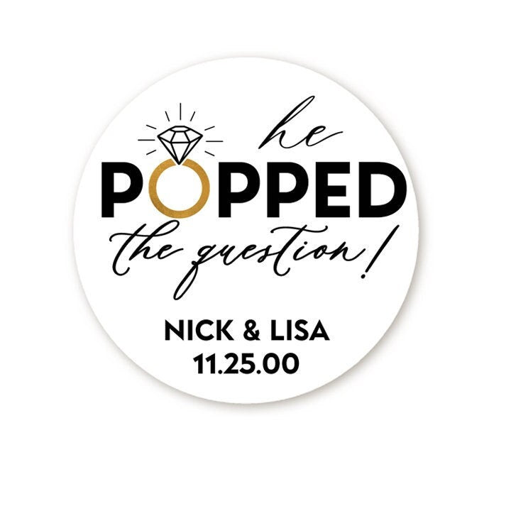 He Popped the Question Favor Stickers, Popcorn Shower Favors, Personalized Bridal Shower Favors, Engagement Favor, Faux Gold and Black