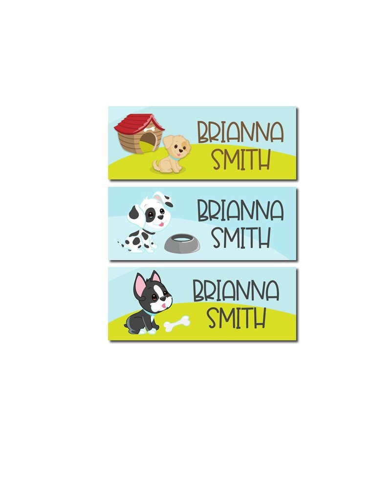 Puppy Dog Kids Name Stickers, Back to School Vinyl Label, Child First Last Name