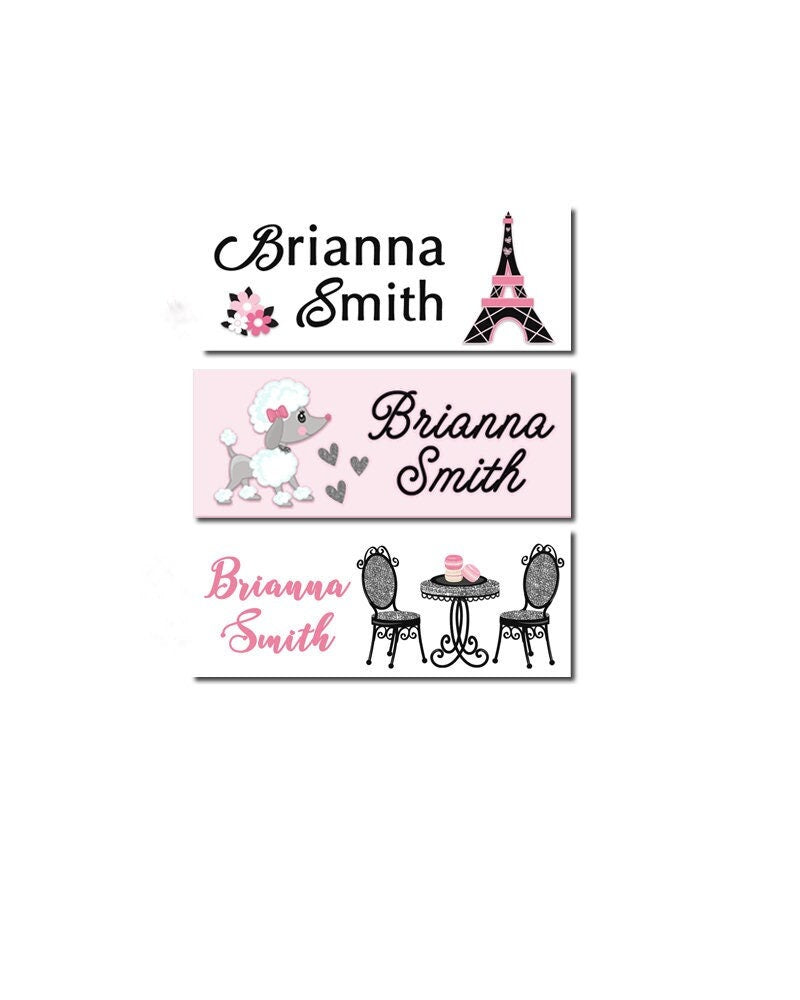 Personalized Cafe Paris Name Labels, Waterproof Pink Poodle Stickers, Supplies for Back to School