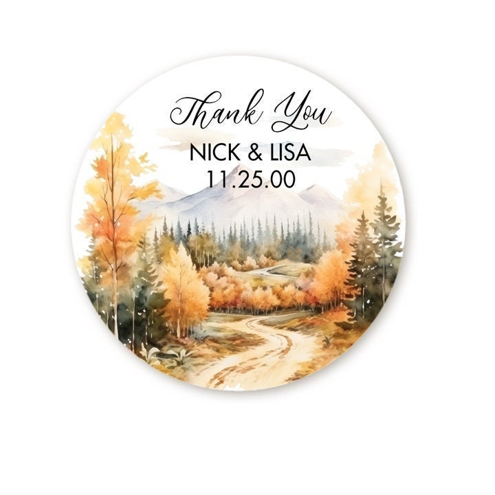 Autumn Forest Thank You Stickers, Personalized Wedding Stickers, Fall Season Watercolor Tree Circle Wedding Labels