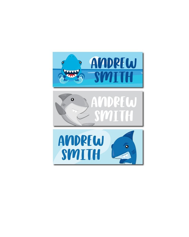 Personalized Shark Name Labels, Waterproof Ocean Stickers, Supplies for Back to School