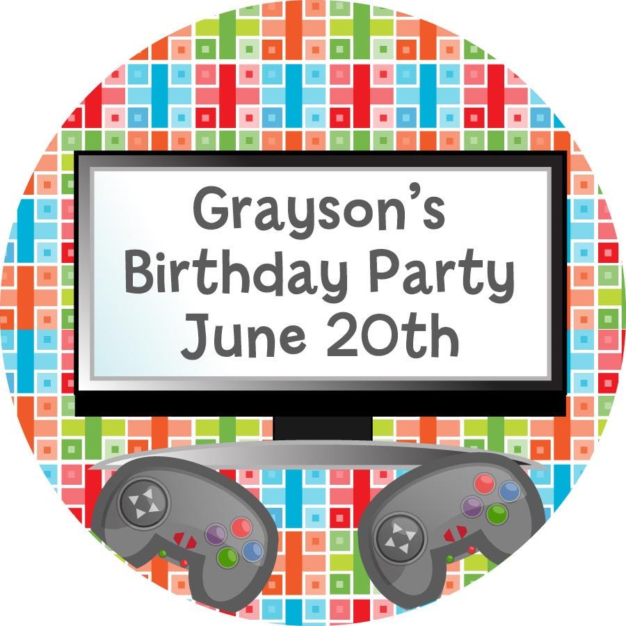 Video Game Birthday Party Favor Stickers, Happy Birthday Labels, Custom Birthday Party Favor Labels, Personalized Round Stickers
