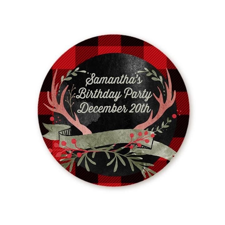 Lumberjack Birthday Party Favor Stickers: Red Plaid Deer Antler Labels