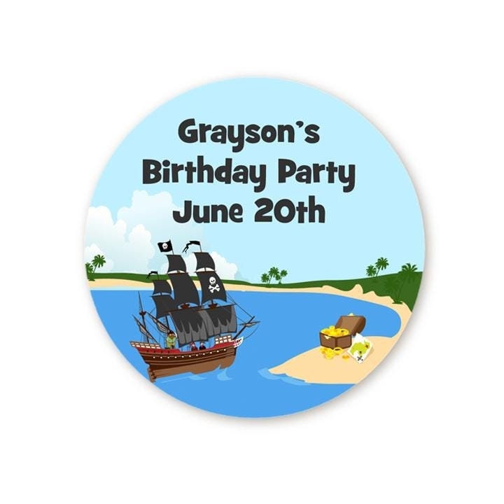 Pirate Ship Birthday Party Favor Stickers, Happy Birthday Labels, Custom Birthday Party Favor Labels, Personalized Round Stickers
