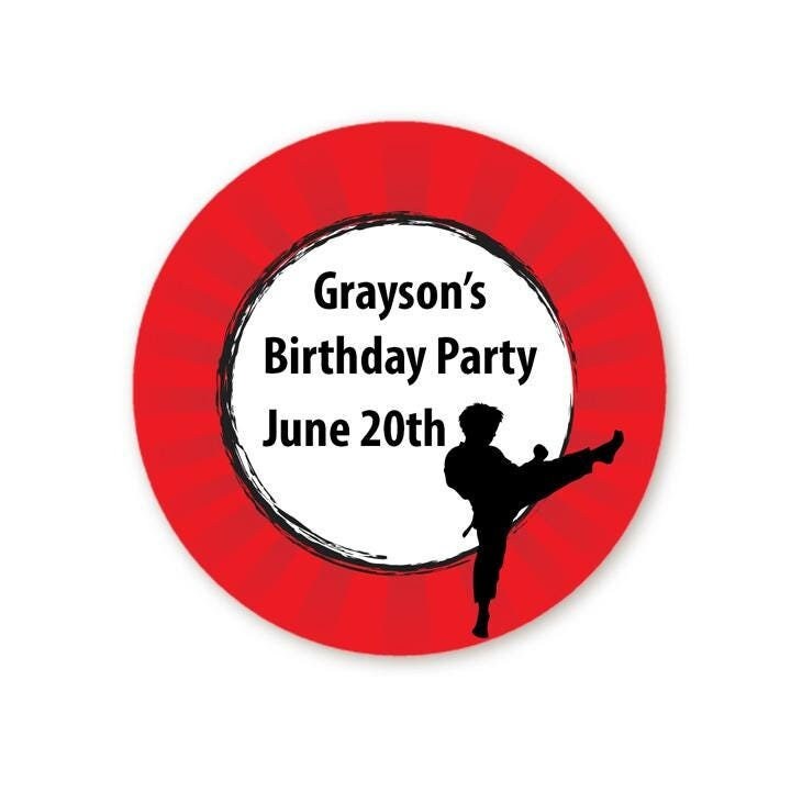 Karate Birthday Party Favor Stickers, Happy Birthday Labels, Custom Birthday Party Favor Labels, Round Stickers