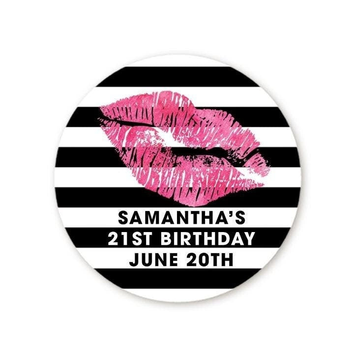 Lips and Stripes - Personalized Round Lip Party Sticker Labels - Hot Pink Lipstick - Black and White Stripe
