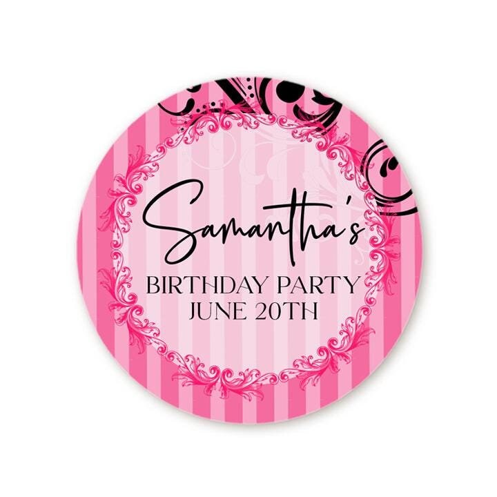 Pink Stripe Couture Birthday Party Favor Stickers, Happy Birthday Labels, Custom Birthday Party Favor Labels, Round Stickers