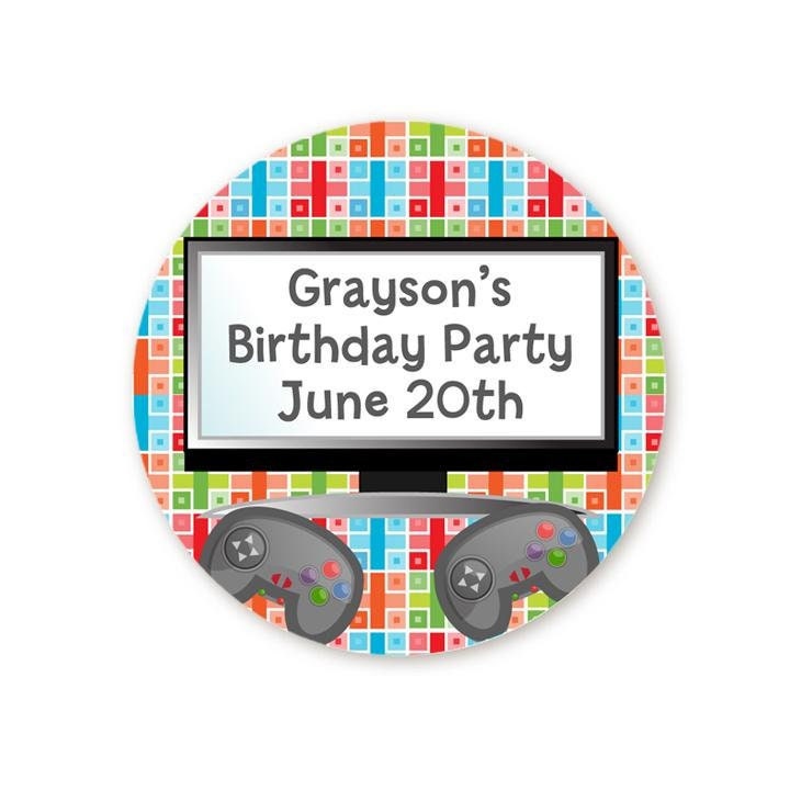 Video Game Birthday Party Favor Stickers, Happy Birthday Labels, Custom Birthday Party Favor Labels, Personalized Round Stickers