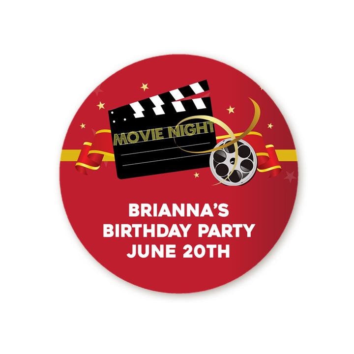 Movie Night Birthday Party Favor Stickers, Happy Birthday Labels, Custom Birthday Party Favor Labels, Round Stickers