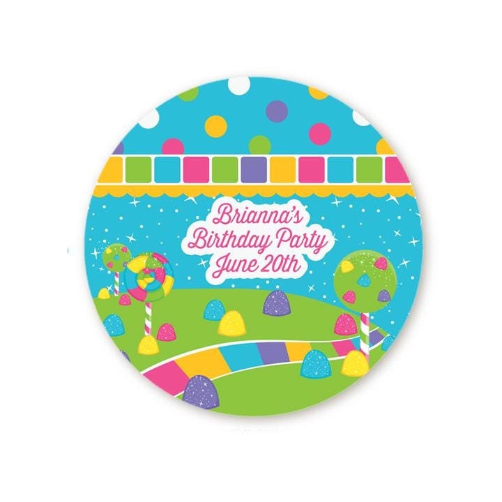 Candy Land Birthday Party Favor Stickers, Happy Birthday Labels, Custom Birthday Party Favor Labels, Round Stickers