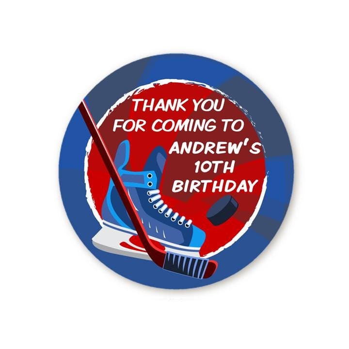 Hockey Skate Stick Birthday Party Favor Stickers, Happy Birthday Labels, Custom Birthday Party Favor Labels, Personalized Round Stickers