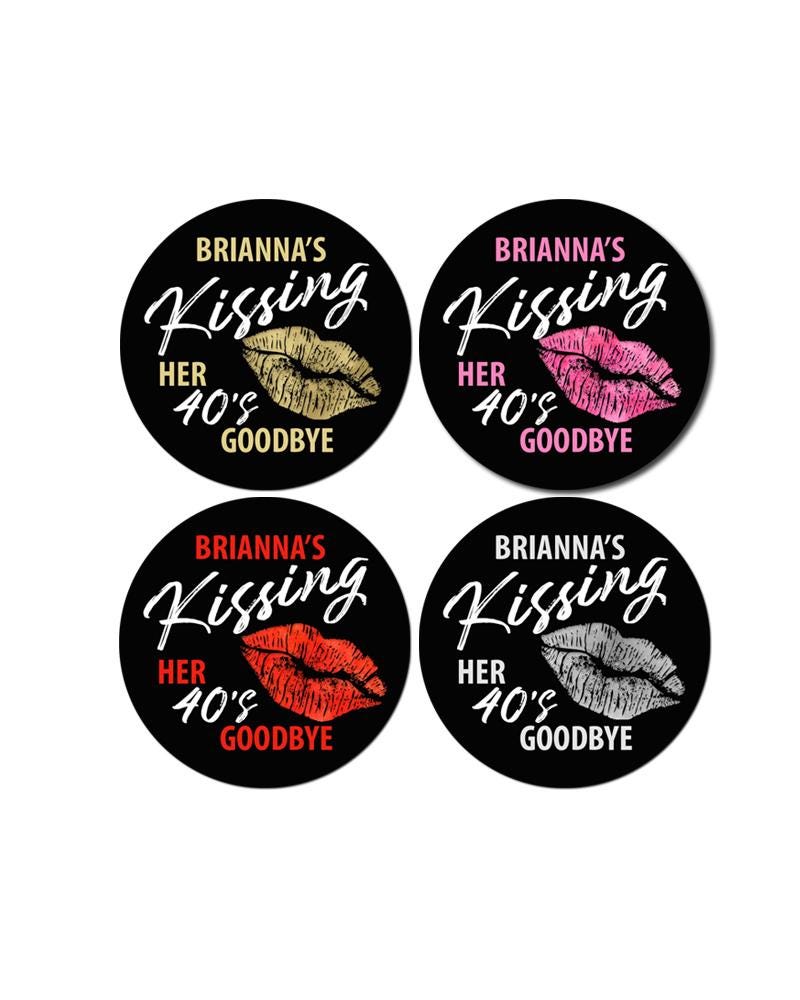 Kissing her 20s, 30s, 40s Goodbye Birthday Party Favor Stickers, Happy Birthday Labels, Custom Birthday Party Favor Labels, Round Stickers