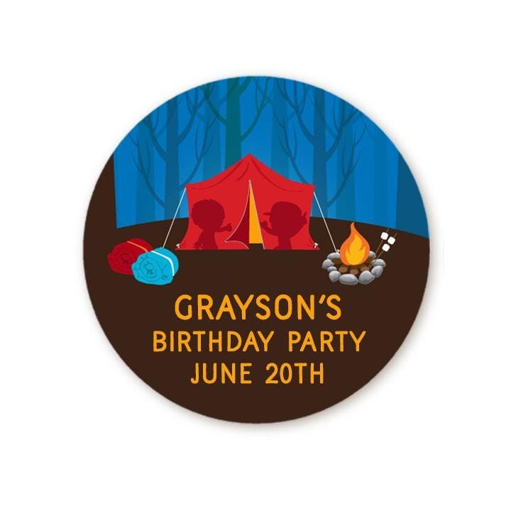Camping Birthday Party Favor Stickers, Happy Birthday Labels, Custom Birthday Party Favor Labels, Round Stickers