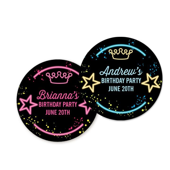 Neon Glow Party Birthday Party Favor Stickers, Happy Birthday Labels, Custom Birthday Party Favor Labels, Round Stickers
