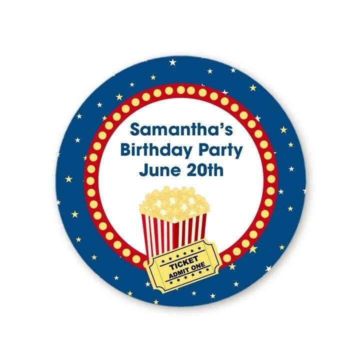 Movie Theatre and Popcorn Birthday Party Favor Stickers, Happy Birthday Labels, Custom Birthday Party Favor Labels, Round Stickers