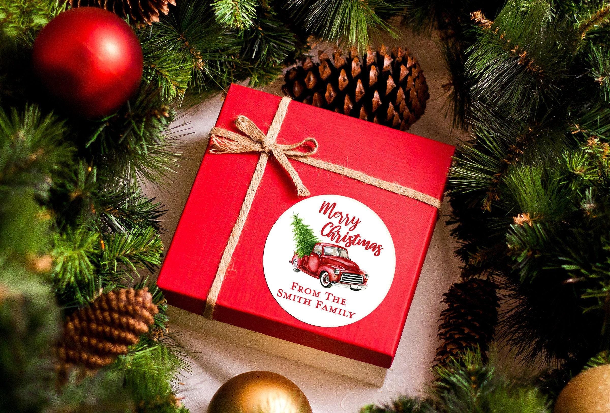 Vintage Red Truck Christmas Stickers, Personalized Holiday Labels
