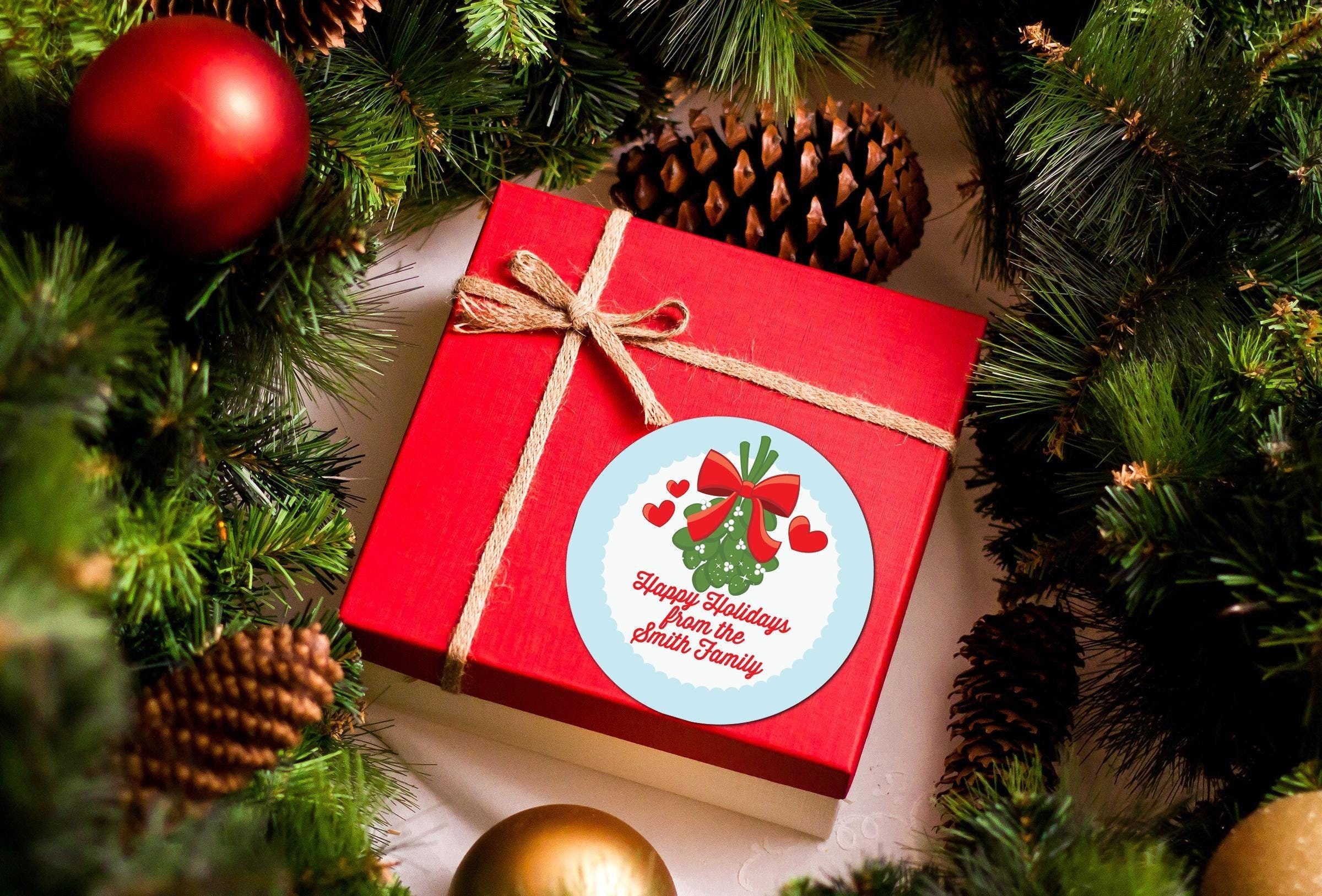 Mistletoe Christmas Stickers, Personalized Happy Holiday Gift Labels