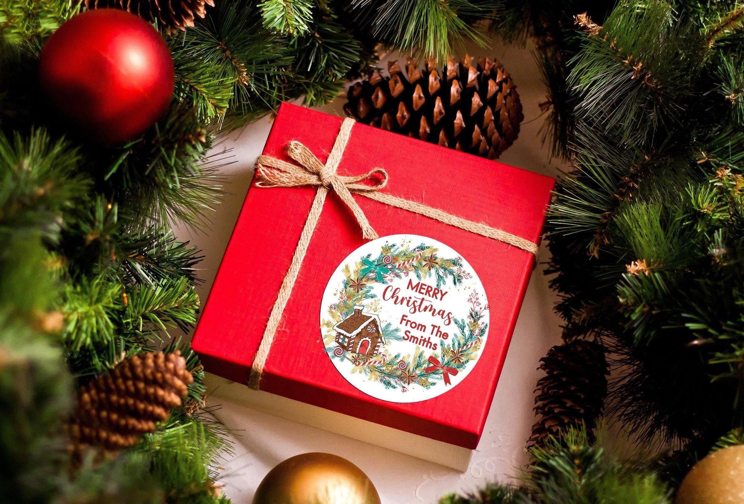 Merry Christmas Gingerbread House Wreath Stickers, Personalized Happy Holiday Gift Labels