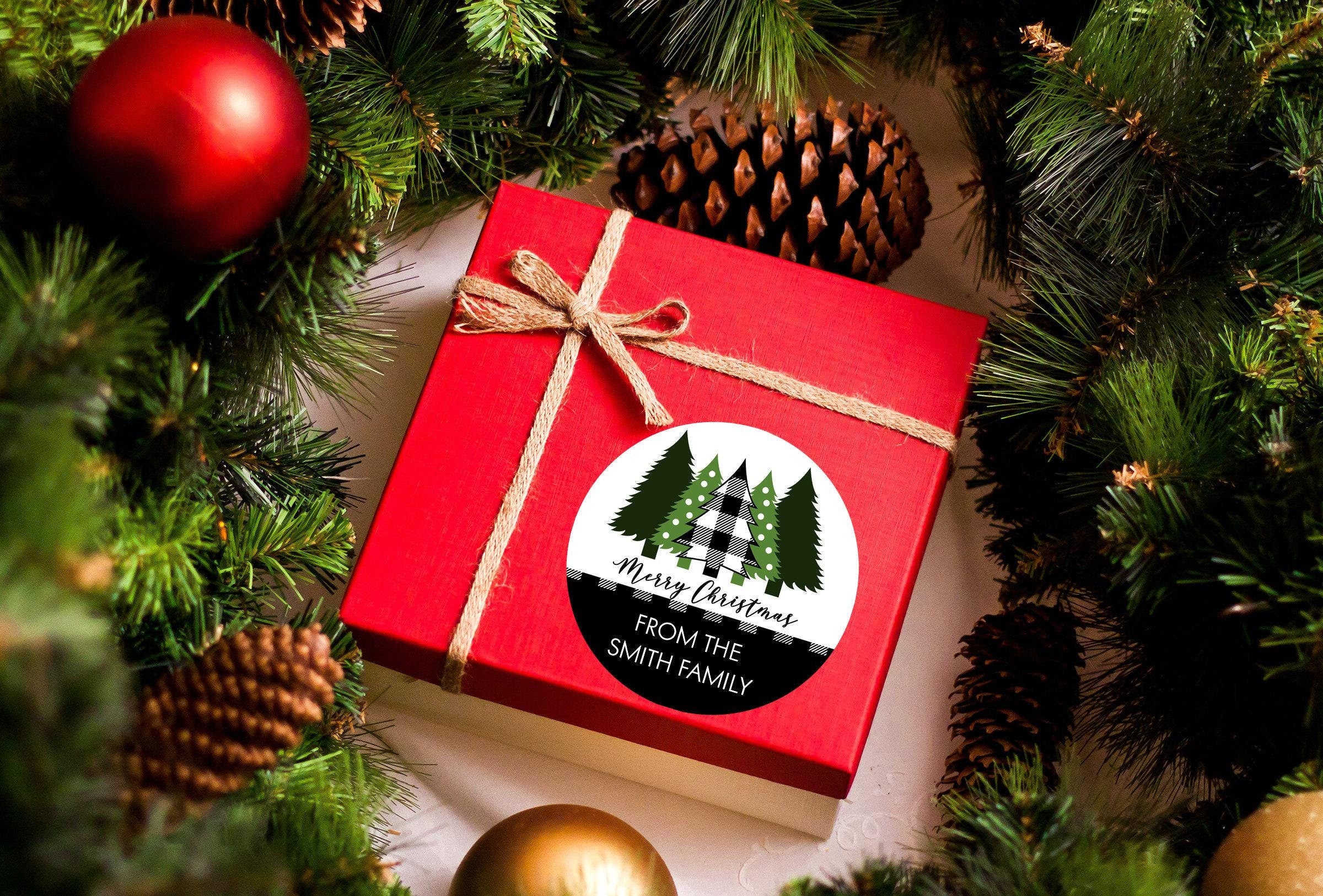 Christmas Tree Plaid Gift Stickers, Personalized Holiday Labels