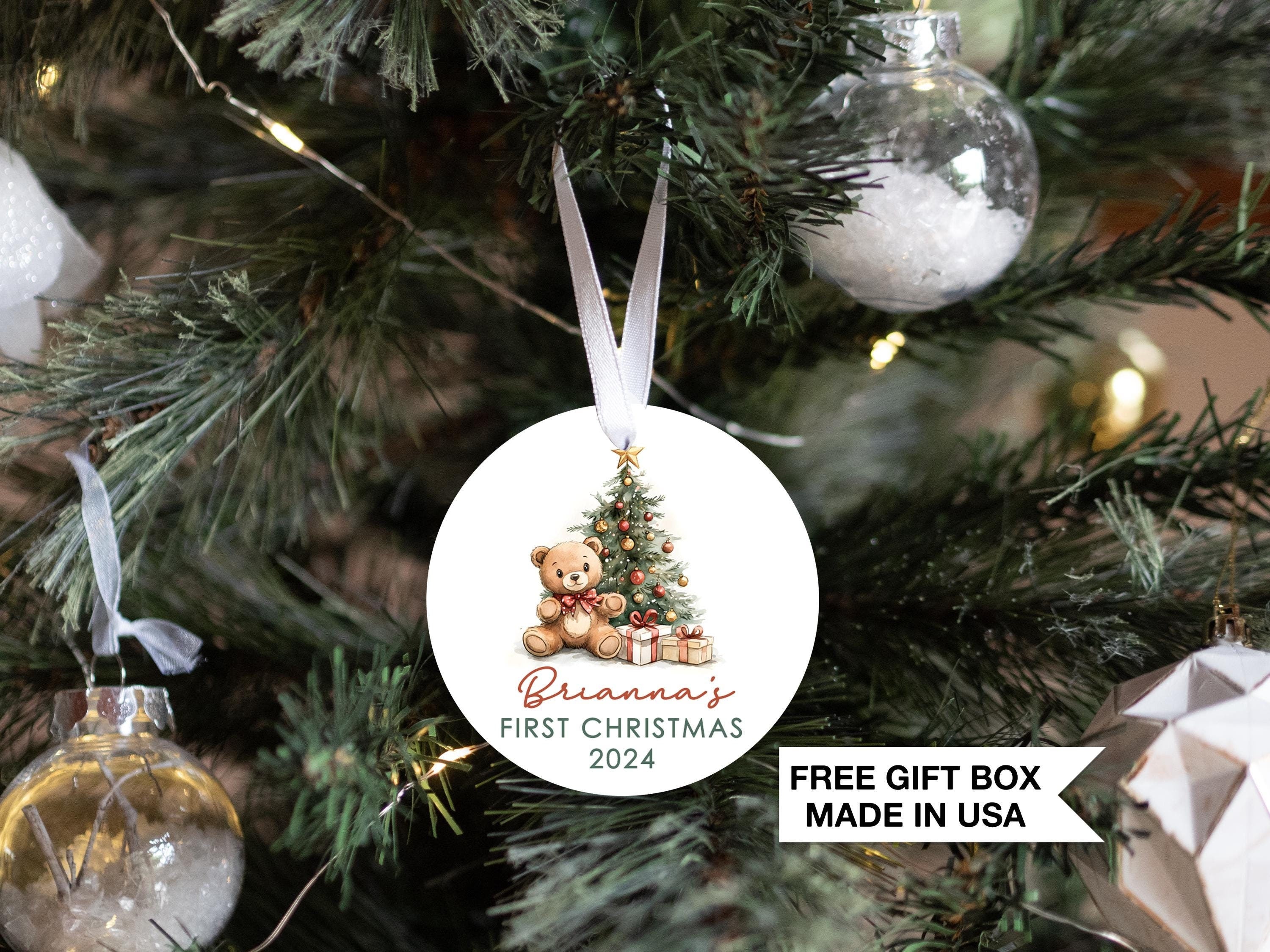 Teddy Bear Baby's 1st Christmas Tree Ornament | Baby First Christmas | Personalized Baby Christmas Ornament | Watercolor Teddy Bear Gift