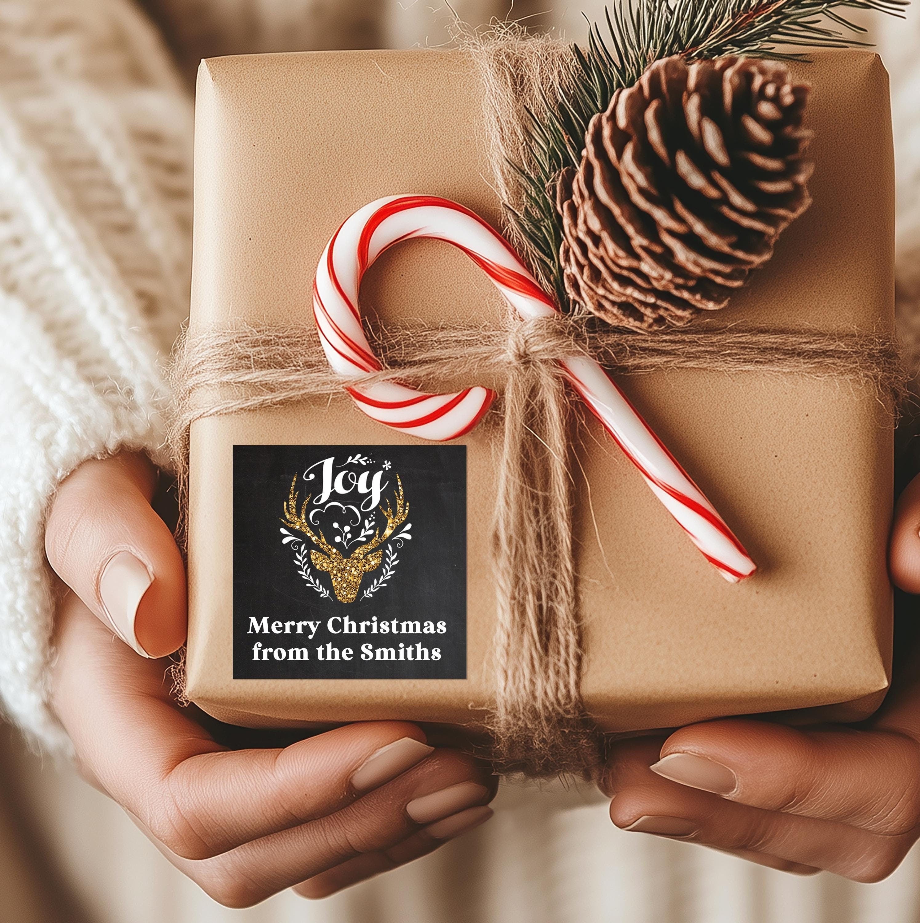Joy Oh Deer Gold Glitter Stickers, Personalized Square Christmas stickers, Christmas gift tags, Large gift tags, Happy Holiday labels