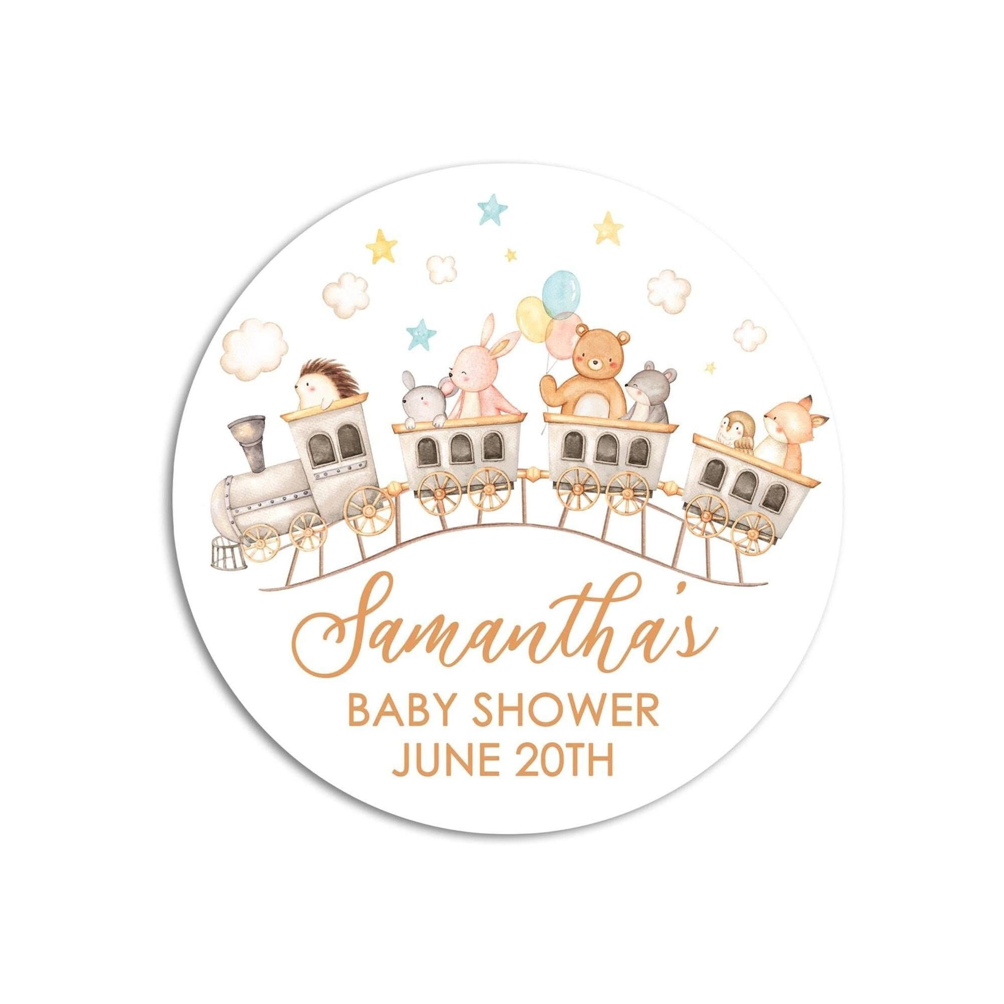Choo Choo Train Animals Baby Shower Stickers, Toy Train Bear Baby Shower Stickers, Watercolor Round Stickers for Favors, Round Labels