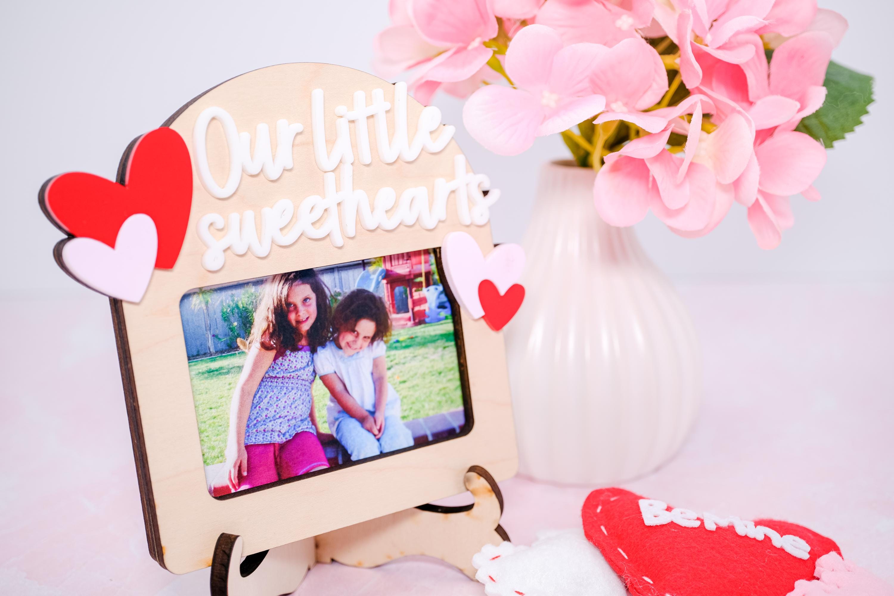 Our Little Sweethearts Photo Frame Gift, Valentine's Day Custom Picture Frame with stand, Gift for Parents, Grandparents, Pink Red Hearts