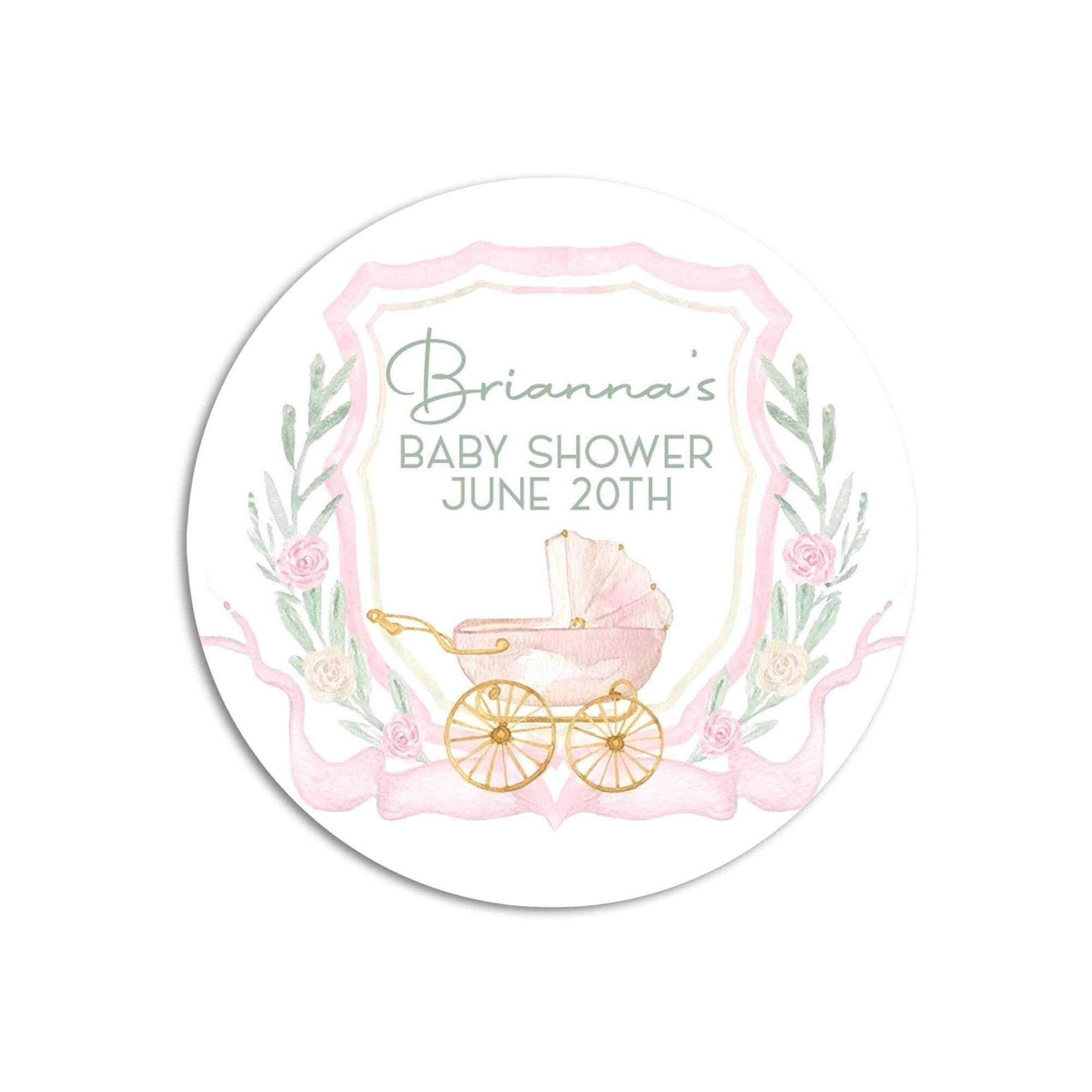Carriage Pink Crest Baby Shower Favor Stickers, Watercolor Crest Girl Baby Shower Labels, Printed Baby Shower Thank You Stickers