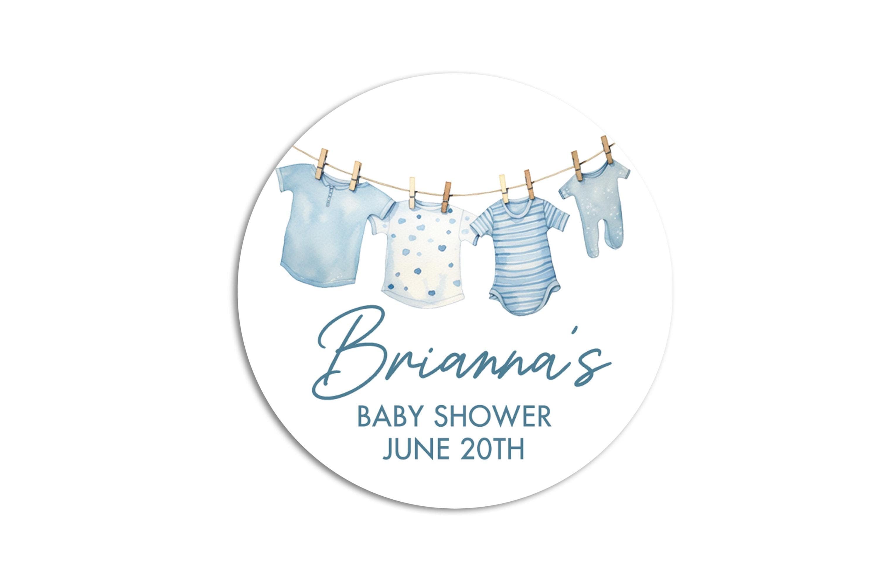 Baby Shower Clothesline Baby Boy, Personalized Printed Round Party Favor Thank You Stickers, Welcome Baby Boy Watercolors Labels
