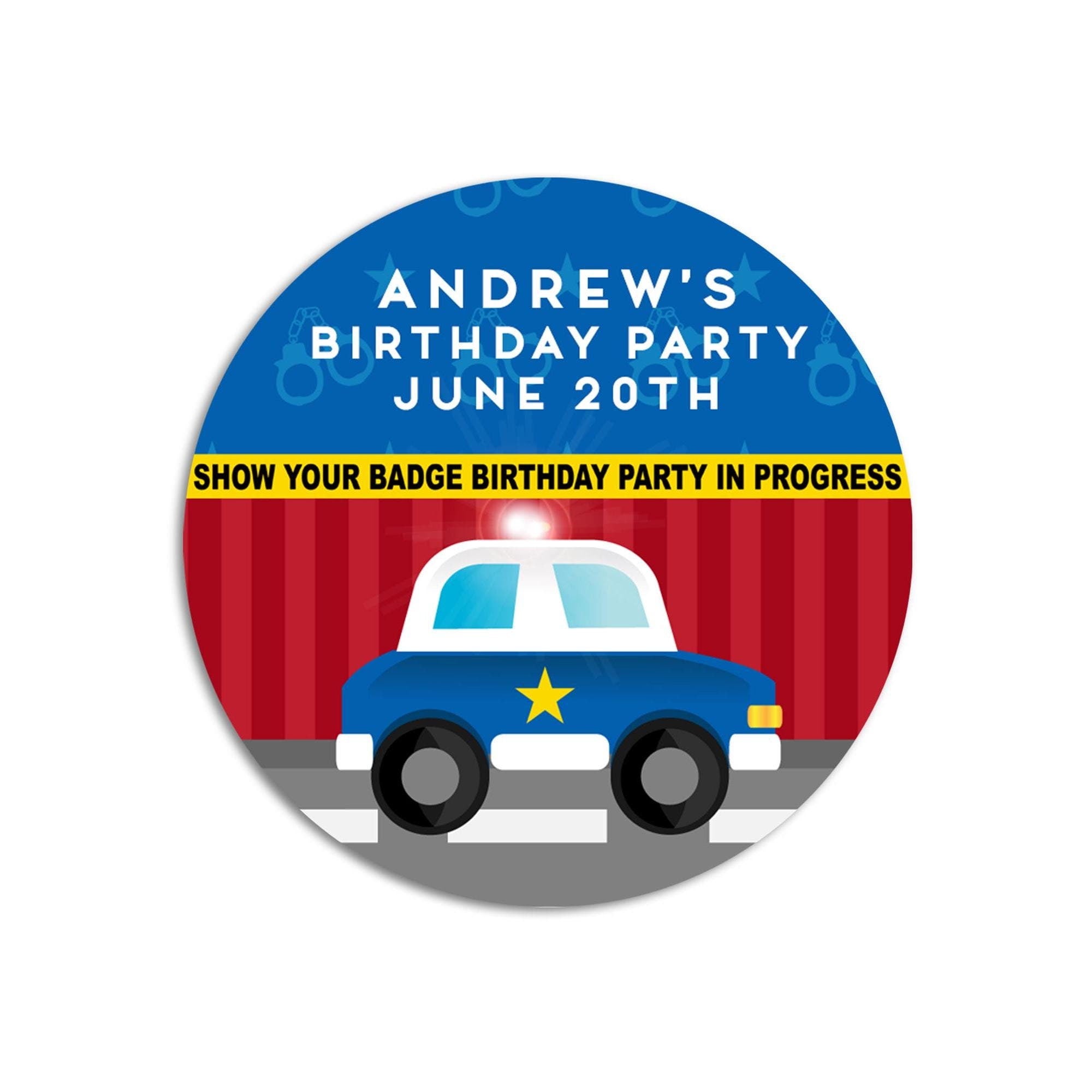 Police Car Birthday Party Favor Stickers, Happy Birthday Labels, Custom Birthday Party Favor Labels, Round Stickers