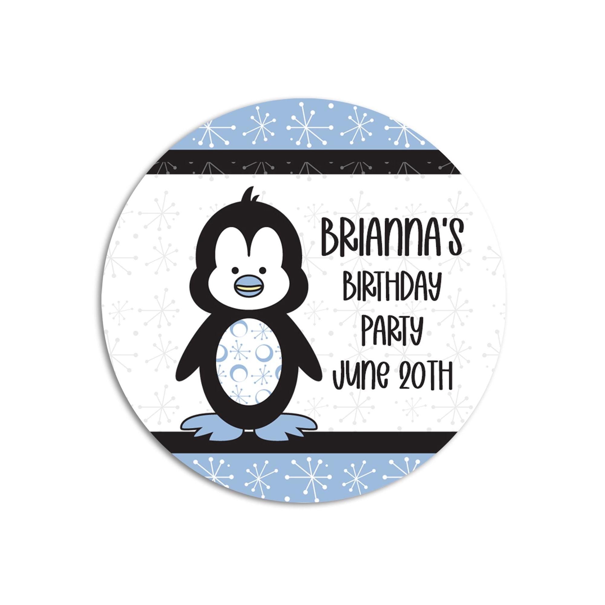 Penguin Birthday Party Favor Stickers, Happy Birthday Labels, Custom Birthday Party Favor Labels, Round Personalized Stickers