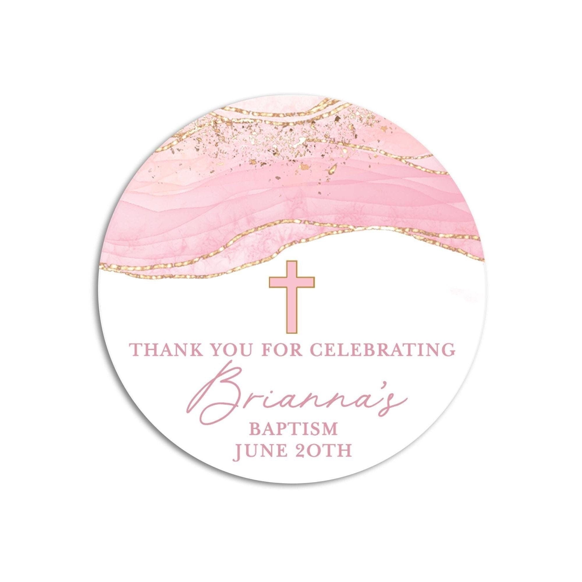 Cross Pink & Gold Baptism Stickers, Girl Baptism Favors, Religious Thank You for Coming Favors, Communion Stickers, and Christening Supplies