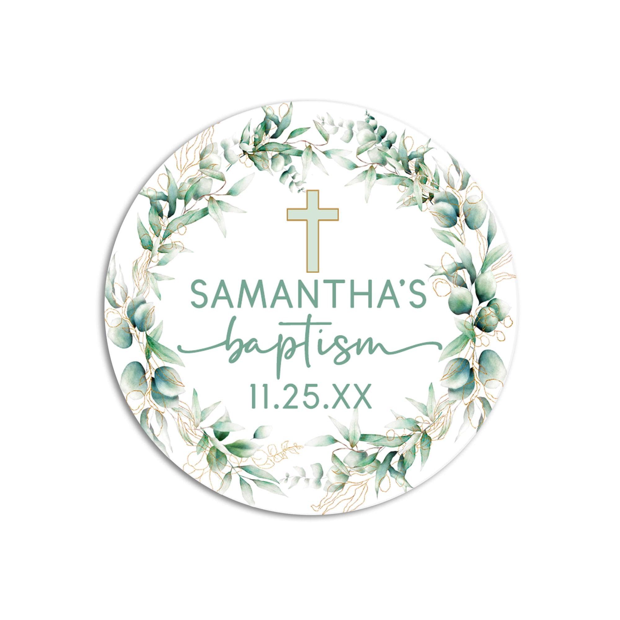 Eucalyptus Cross Baptism Stickers, Baptism Favors, Religious Thank You for Coming Favors, Communion Stickers, and Christening Supplies