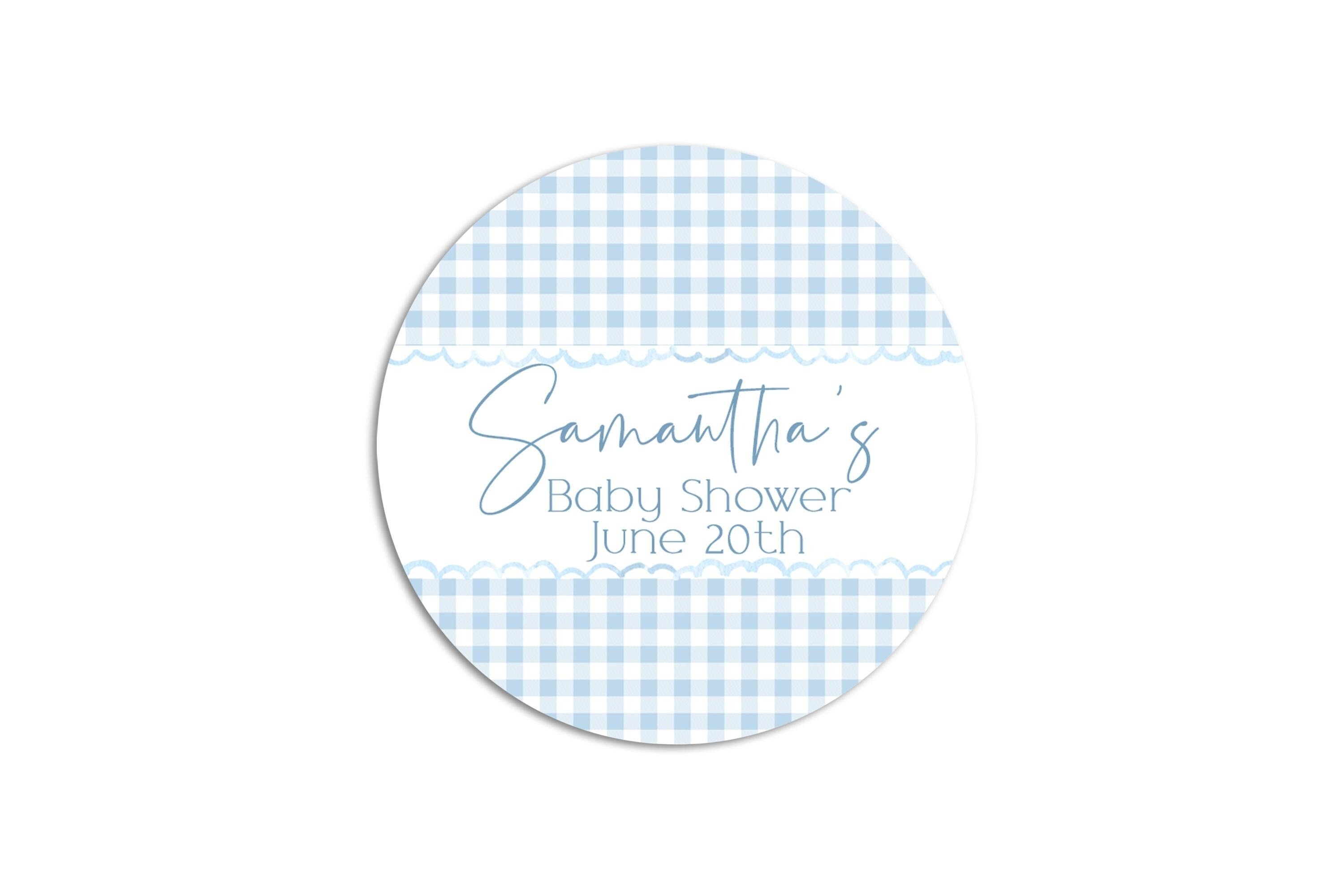 Blue Boy Gingham Baby Shower Stickers, Baby Blue Plaid Baby Shower Labels, Watercolor Round Stickers for Favors, Round Candy Labels