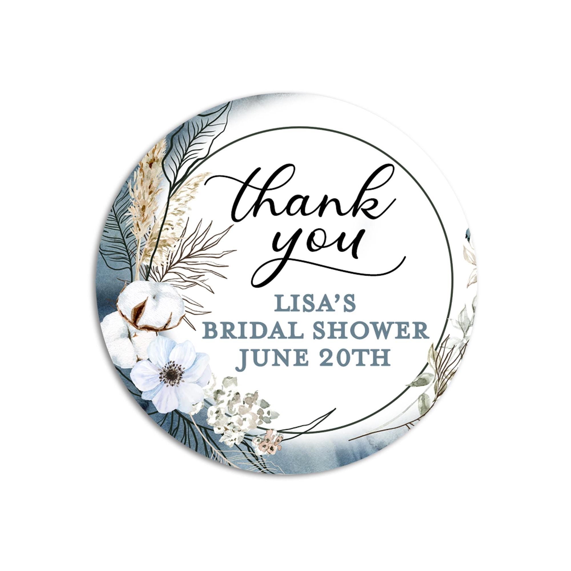 Thank You Bridal Shower Stickers, Boho Floral Round Thank You Labels, Wedding Favors, Shower Favor with Greenery, Bridal Shower Labels