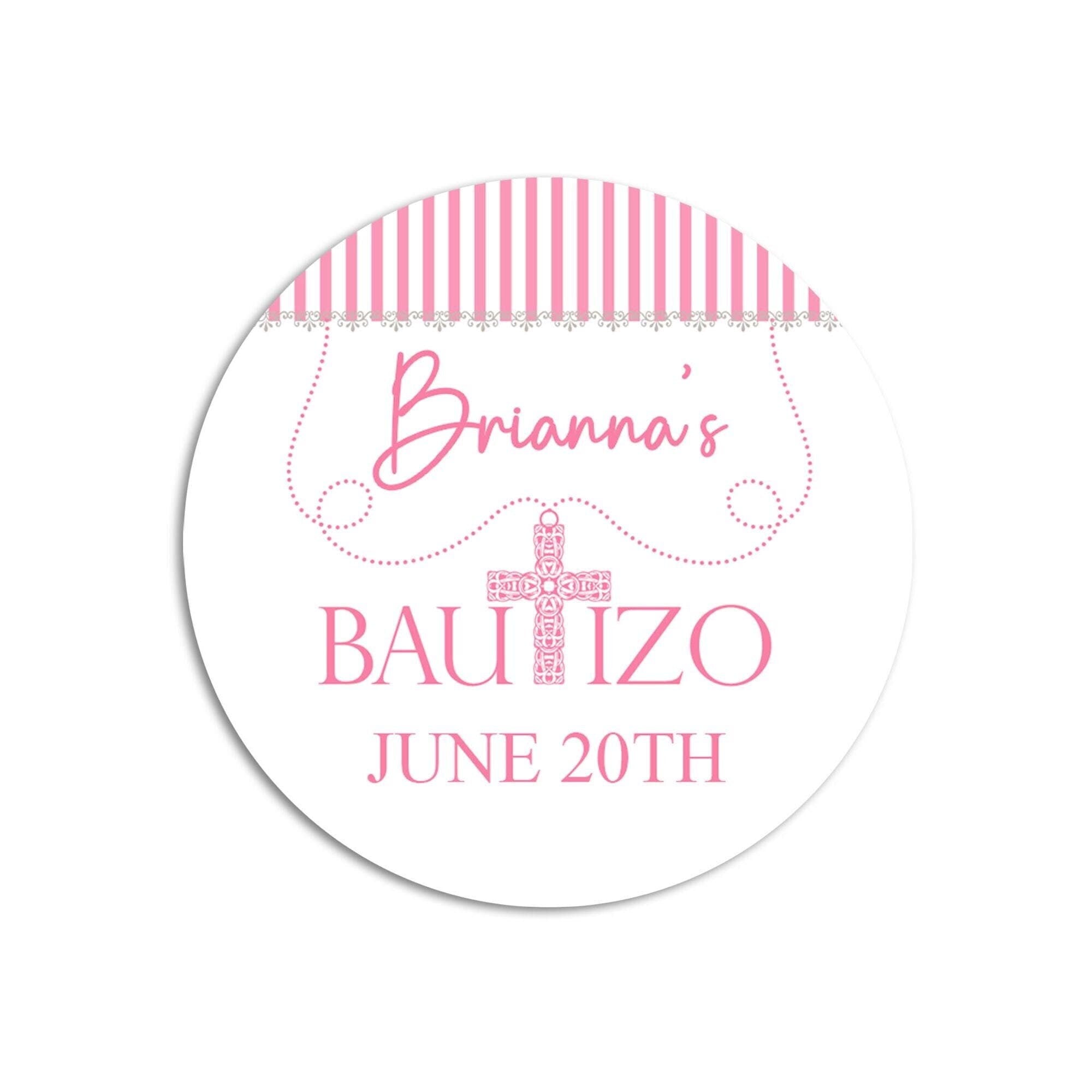 Personalized Pink Cross Bautizo Stickers, Spanish Baptism Favors