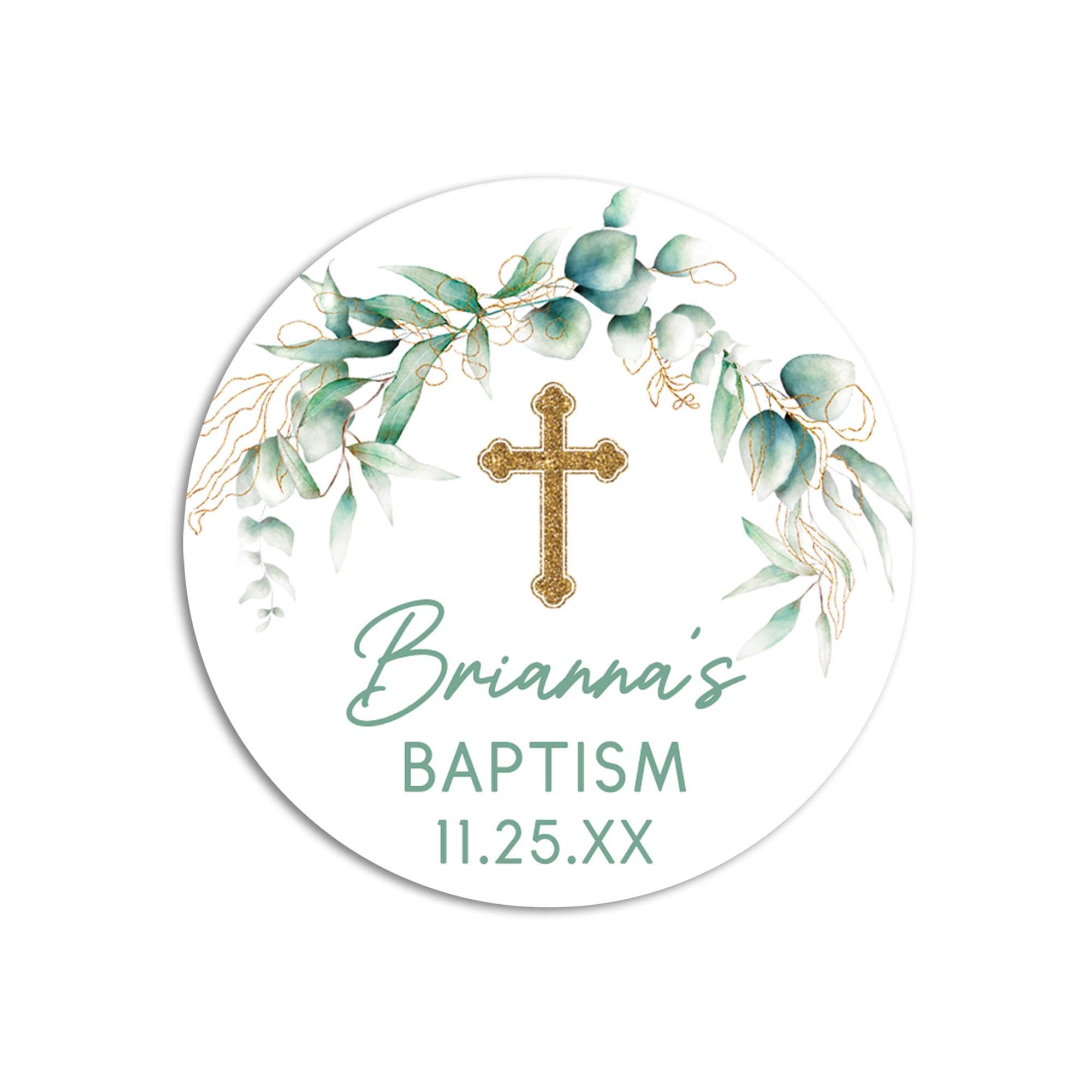 Eucalyptus Gold Cross Baptism Stickers, Baptism Favors, Religious Thank You for Coming Favors, Communion Stickers, and Christening Supplies