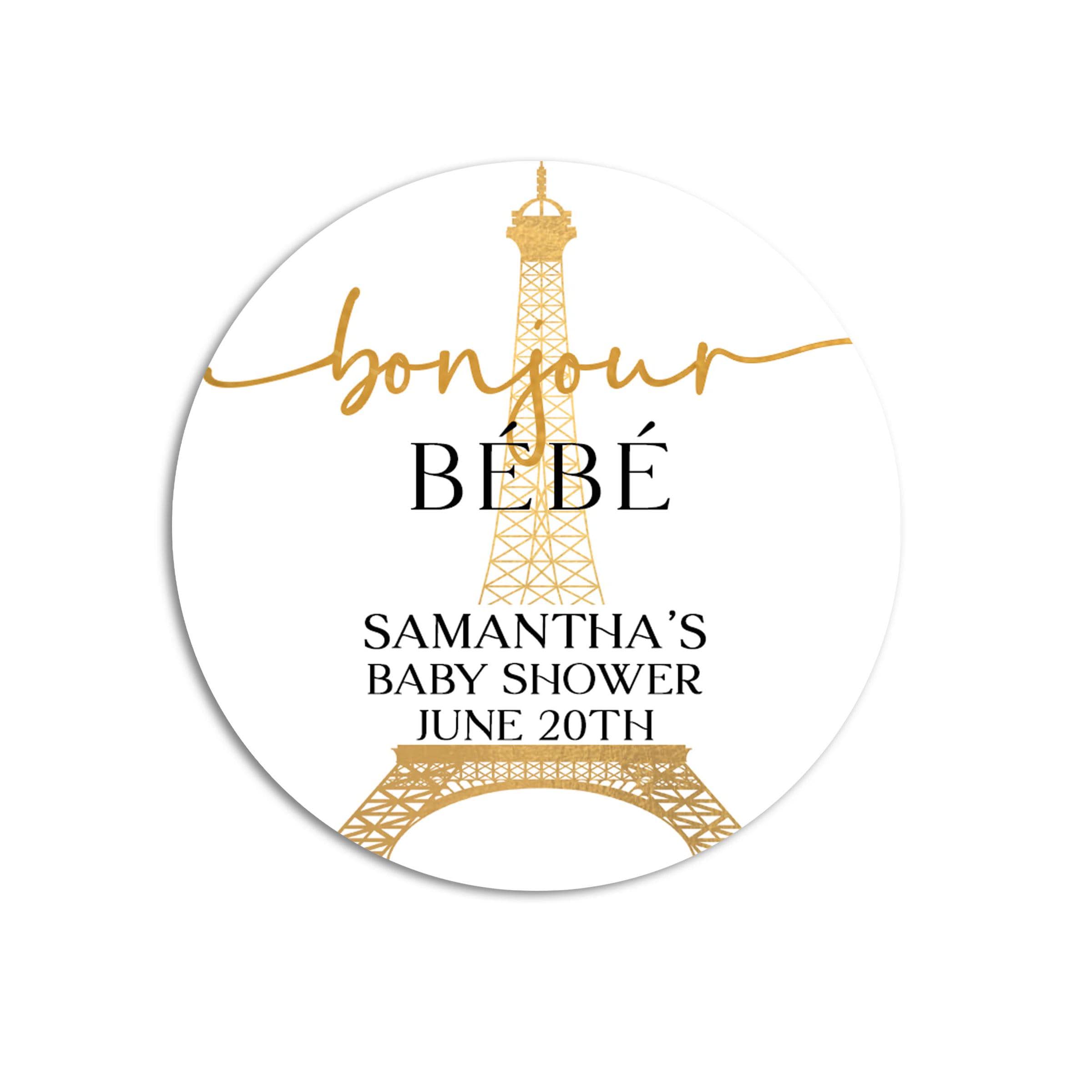 Eiffel Tower French Themed Baby Shower Stickers, Bonjour Bebe Favor Stickers, Thank You Stickers, Paris Elegant Round Stickers for Favor