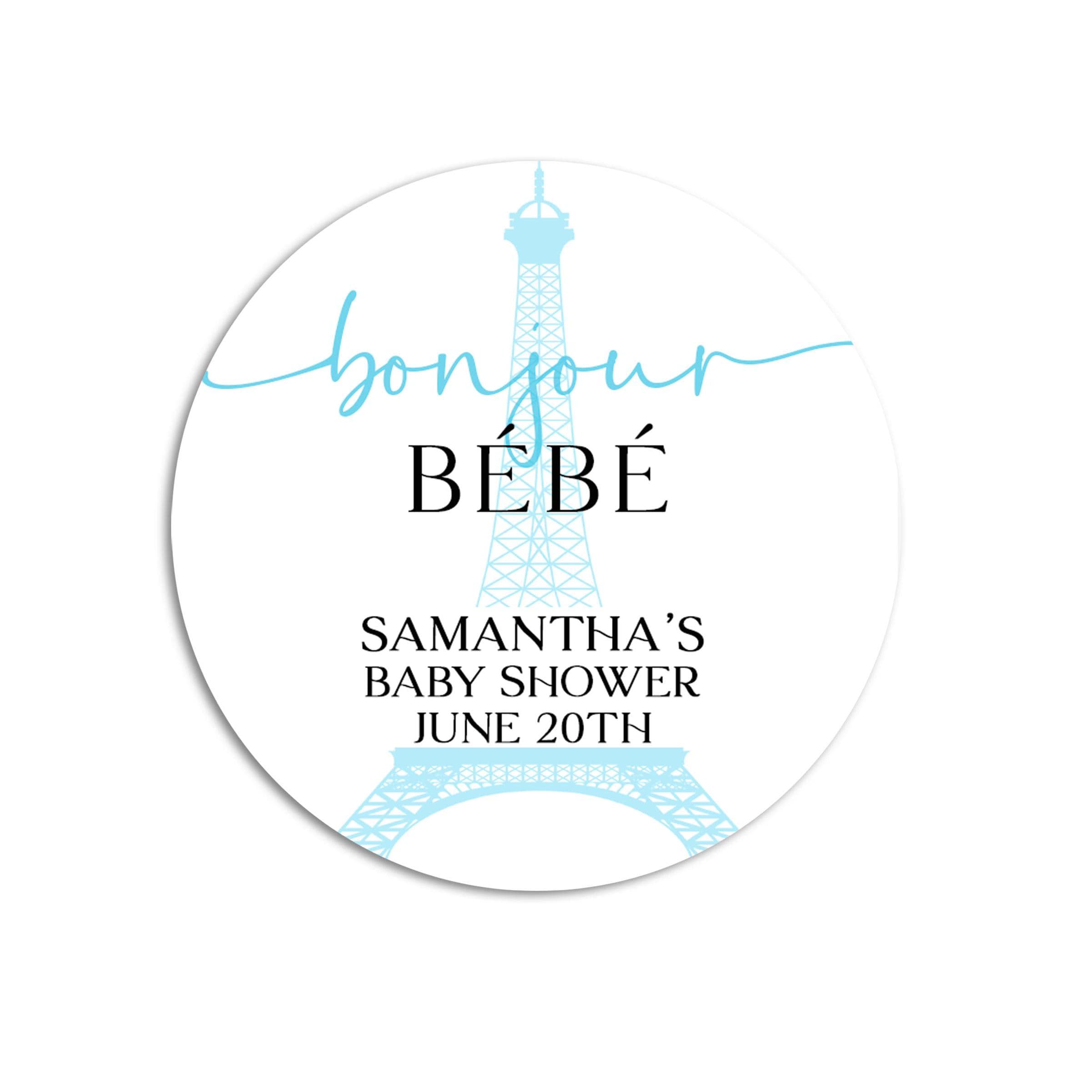 Eiffel Tower French Themed Baby Shower Stickers, Bonjour Bebe Favor Stickers, Thank You Stickers, Paris Elegant Round Stickers for Favor