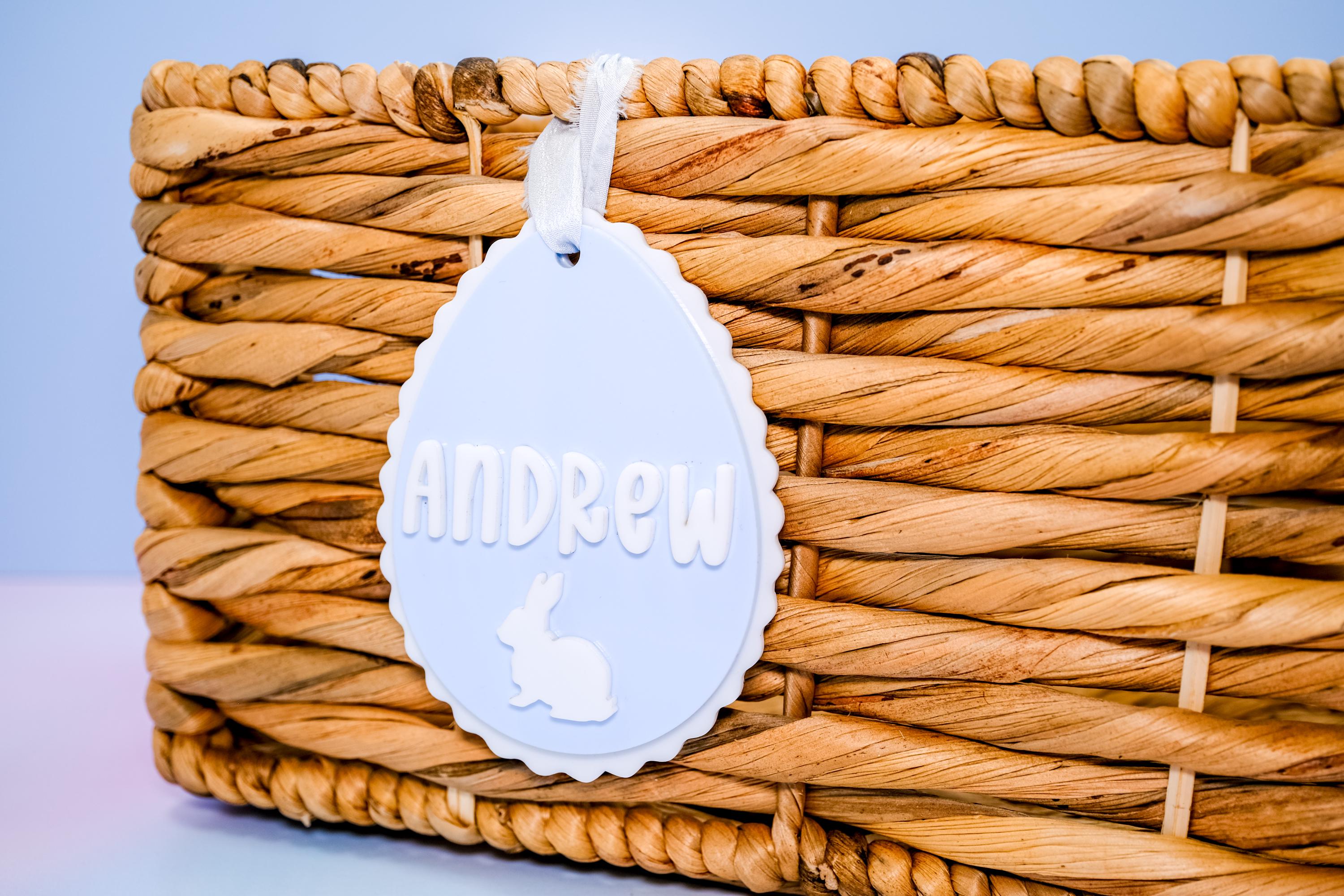 Easter Basket Tag, Egg With Bunny Scalloped Tag, Personalized Easter Basket Name Tag, Custom Easter Tag, Acrylic Bunny Tag, Pink or Blue Tag