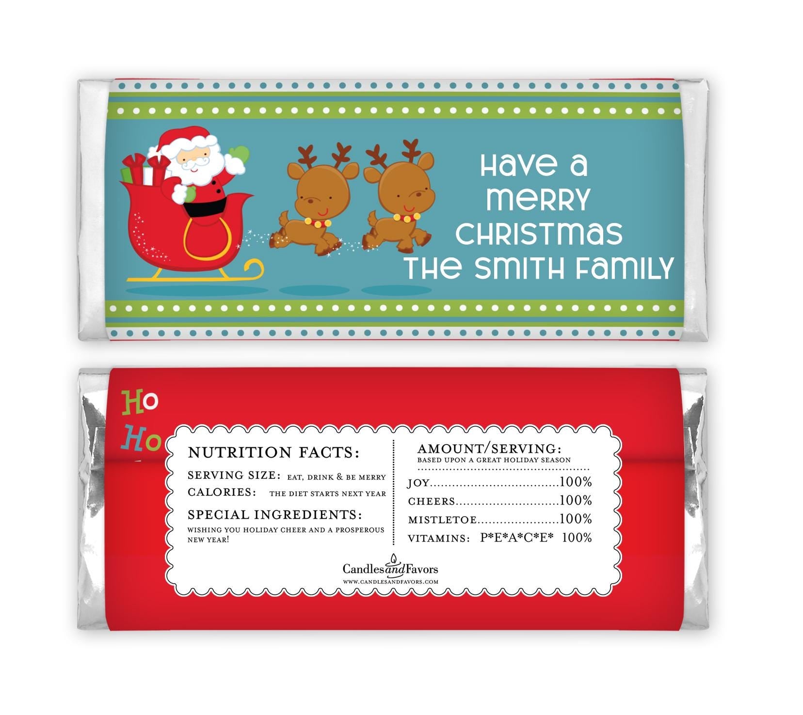 12 Santa and his Reindeer Party Christmas Candy Bar Wrappers - Personalized Custom Sweet Treat Christmas Party Favors