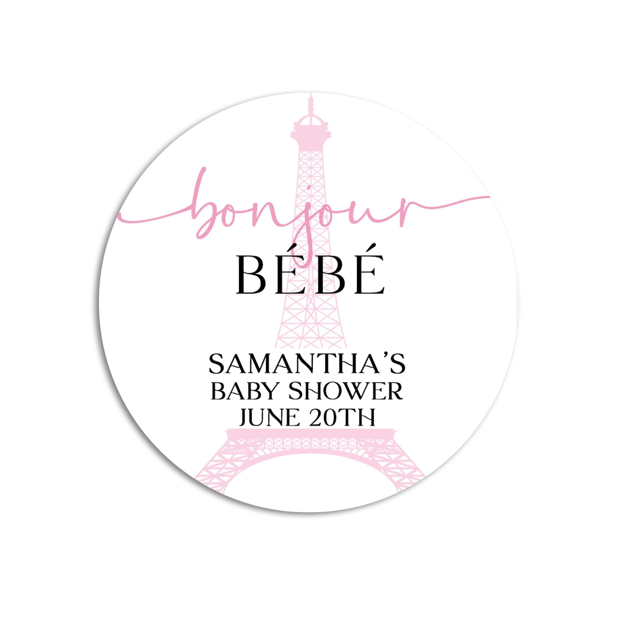 Eiffel Tower French Themed Baby Shower Stickers, Bonjour Bebe Favor Stickers, Thank You Stickers, Paris Elegant Round Stickers for Favor