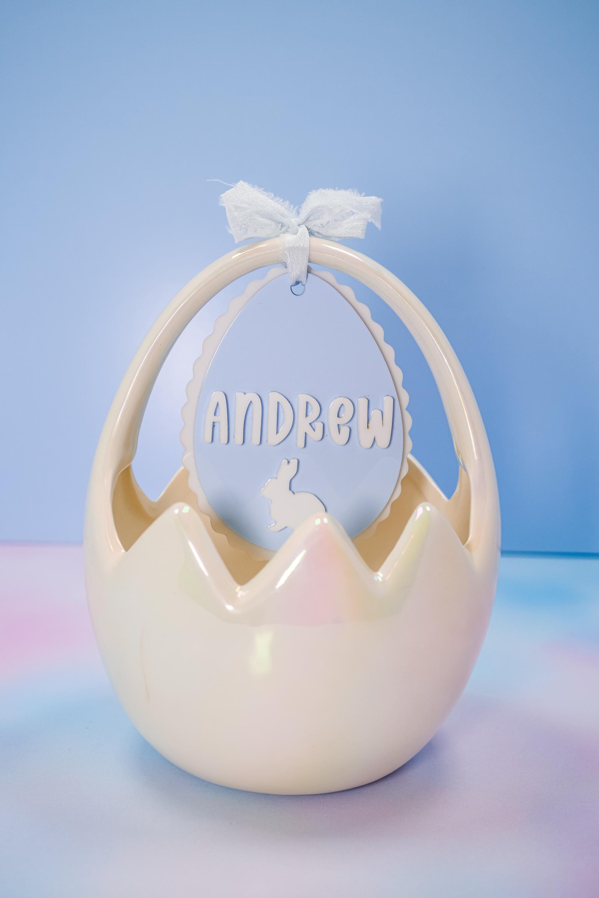 Easter Basket Tag, Egg With Bunny Scalloped Tag, Personalized Easter Basket Name Tag, Custom Easter Tag, Acrylic Bunny Tag, Pink or Blue Tag