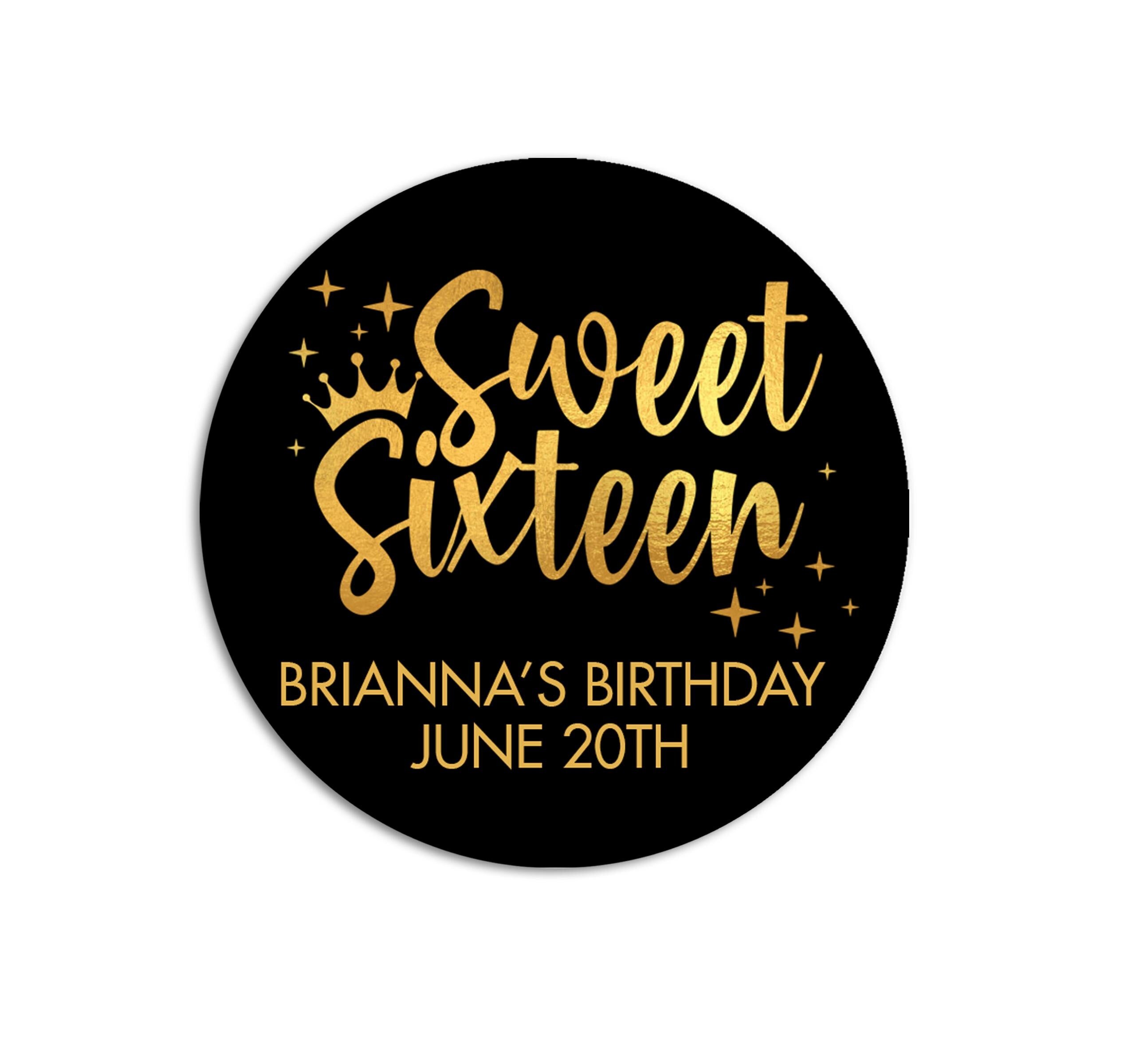 Sweet Sixteen Birthday Party Stickers, 16th Black Gold Glitter Birthday Labels, Happy Birthday Favor, Personalized Sweet 16 Birthday Party