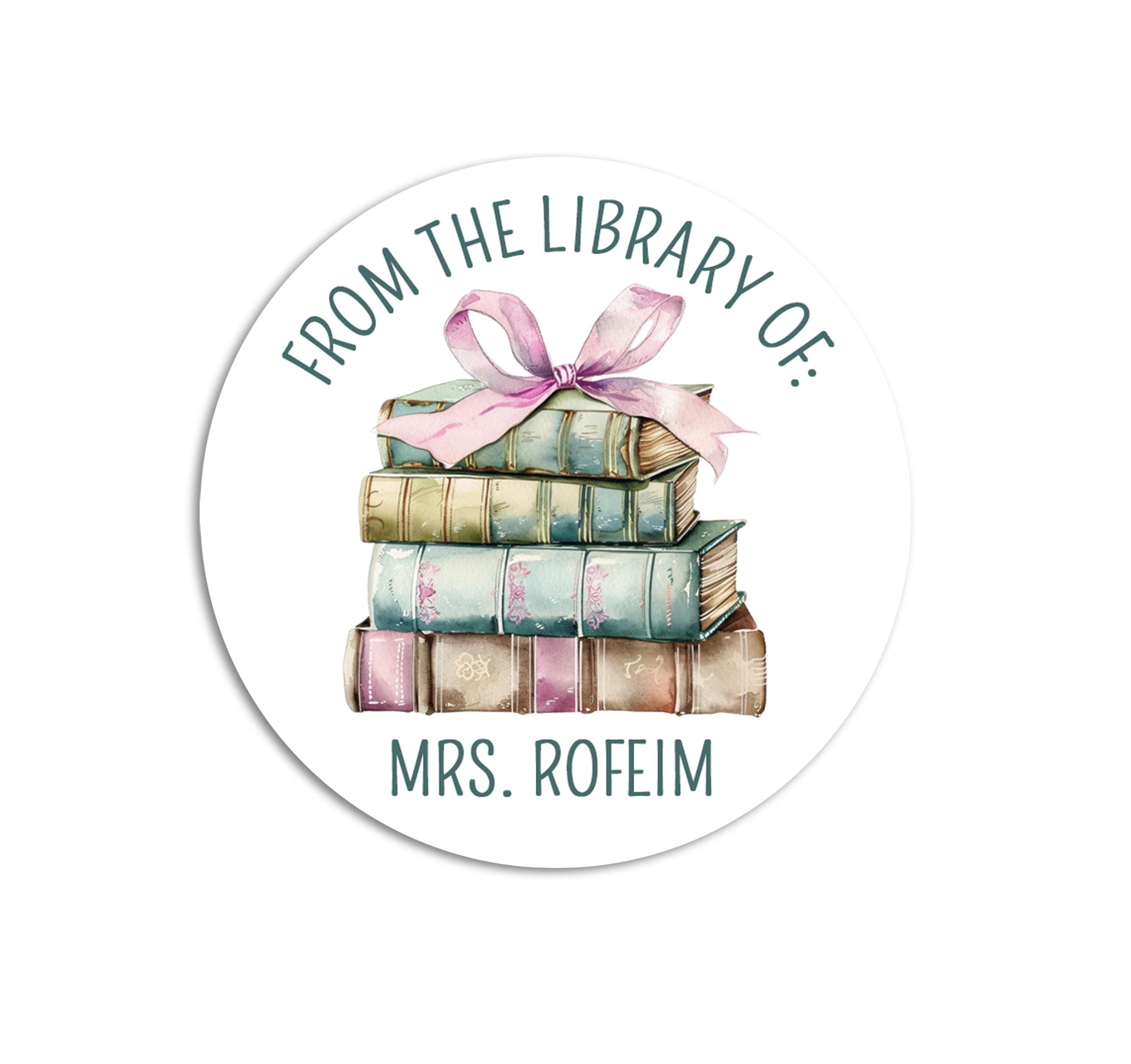 Teacher Book Labels, This Book Belongs to Stickers, Personalized Book Labels, From the Library of Stickers, Pink Bow Stack of Teal Book