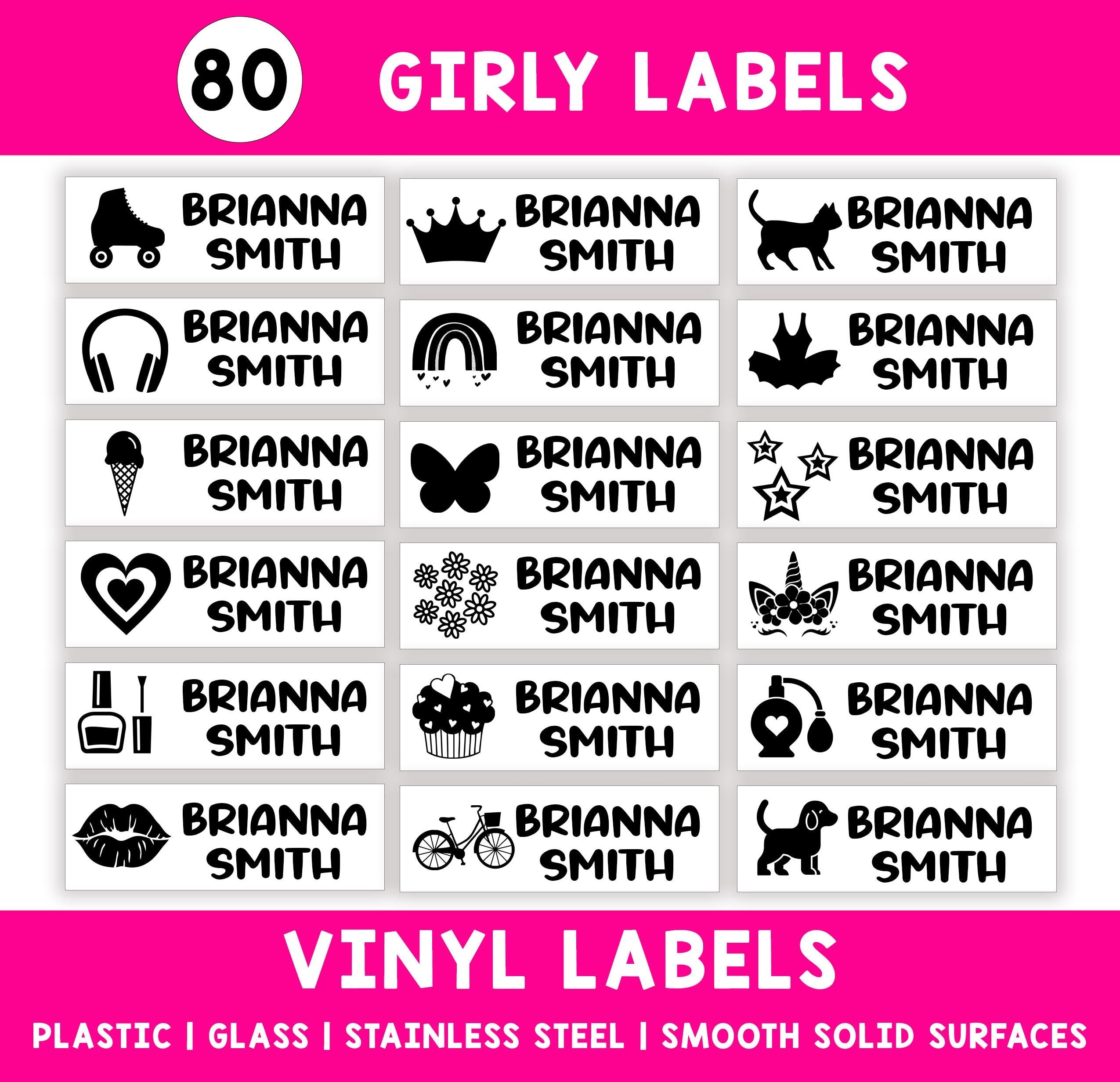 Personalized Girly Name Labels, Waterproof Heart Stickers, Supplies for Back to School