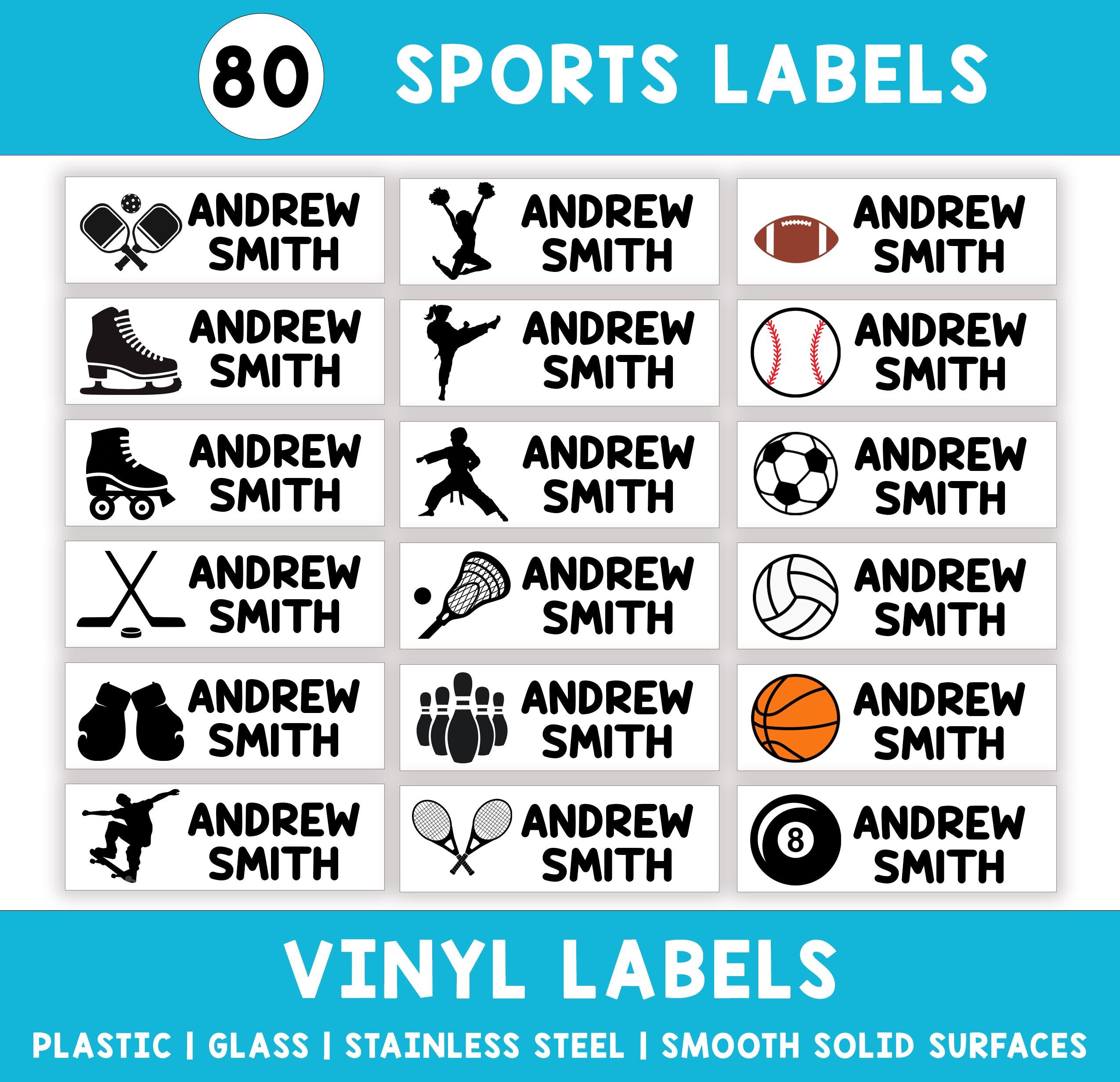 Sports Icon Kids Name Stickers, Back to School Vinyl Label, Child First Last Name