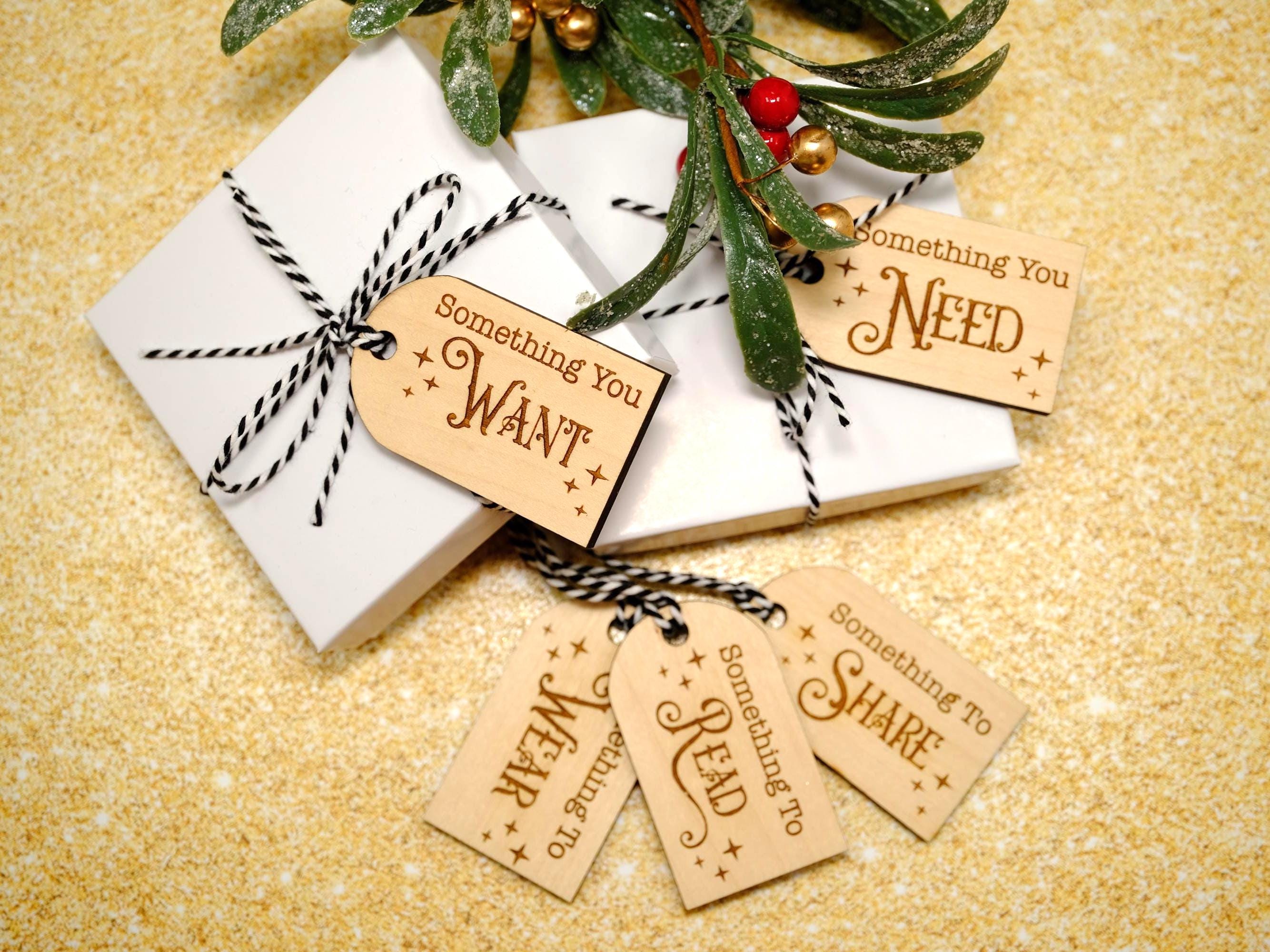 Something You Want Gift Tags, Christmas Gift Tags, Holiday Gift Tags, Want Need Wear Read Share, Stocking Tags, Wooden Present Gift Tags